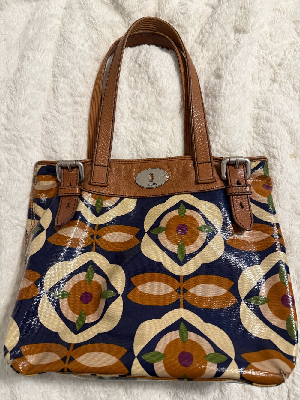 Fossil Navy Floral-Pattern Patent Tote with Brown Trim
